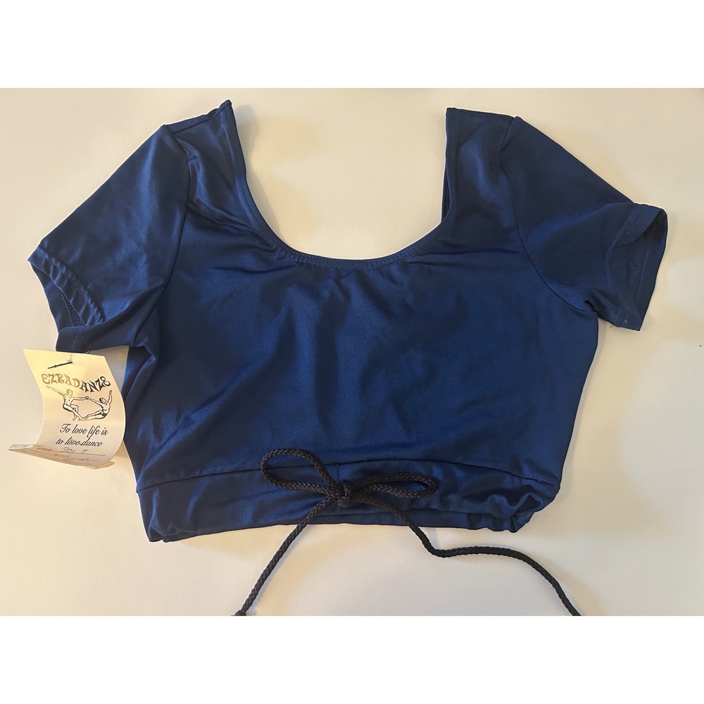 Ezradanze Navy Blue Dance Crop Top Short Sleeve Drawstring Women SM S/M NWT